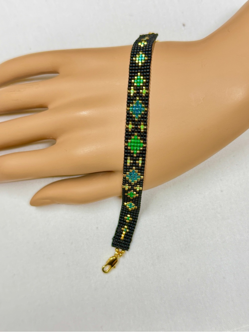 Black, Gold, Teal and Aqua Seed Beaded Bracelet / Handmade / Gold Plated - Picture 1 of 6